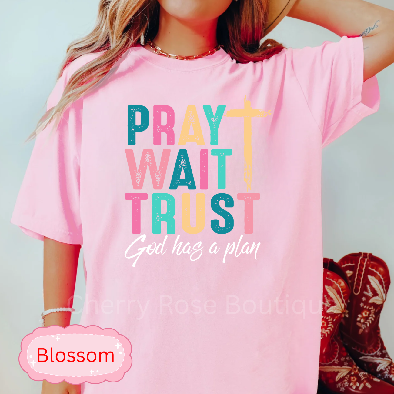 Pray Wait Trust in White Comfort Color Tshirt, Tee