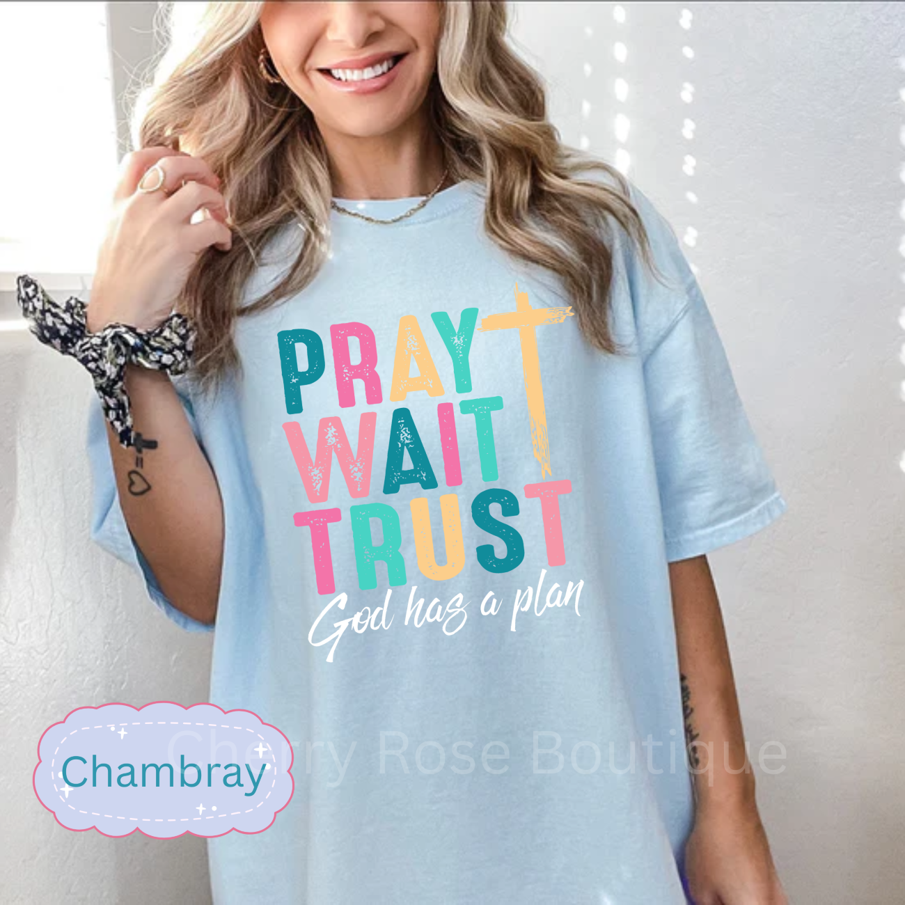Pray Wait Trust in White Comfort Color Tshirt, Tee