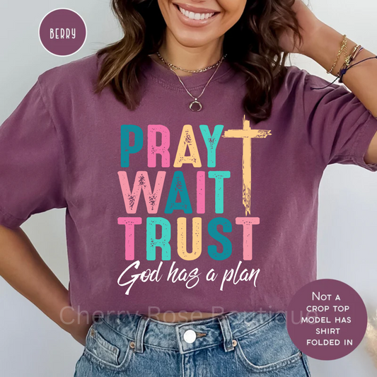 Pray Wait Trust in White Comfort Color Tshirt, Tee