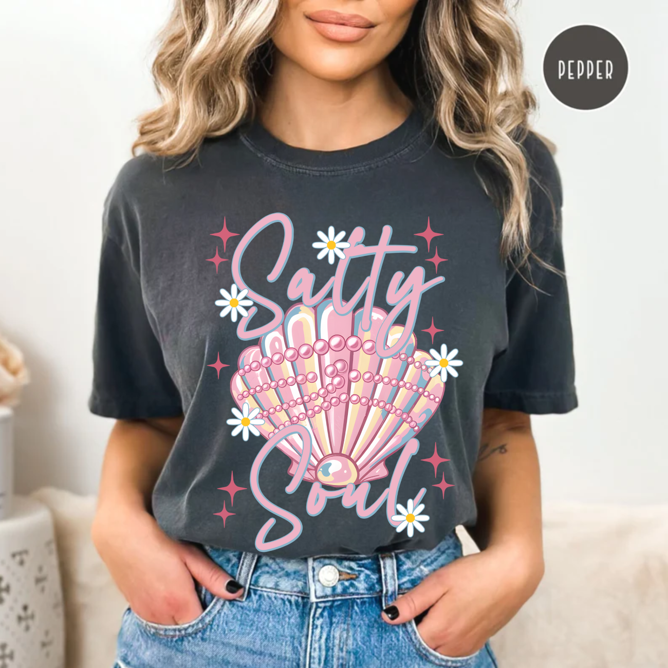 Salty Soul, Beach, Summer, Seashell, Pearls, Comfort Color Shirt