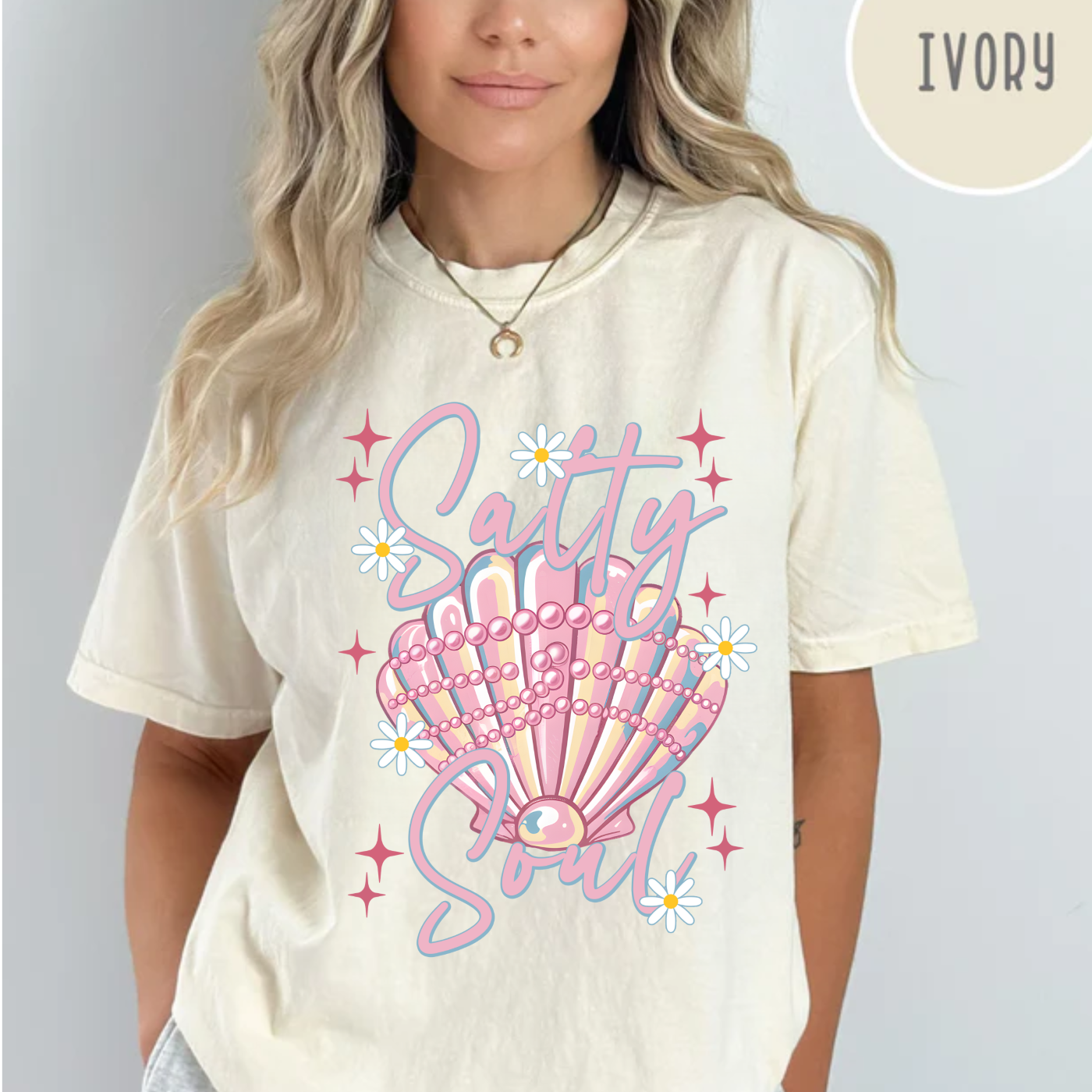 Salty Soul, Beach, Summer, Seashell, Pearls, Comfort Color Shirt