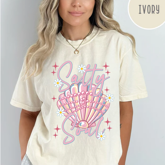 Salty Soul, Beach, Summer, Seashell, Pearls, Comfort Color Shirt