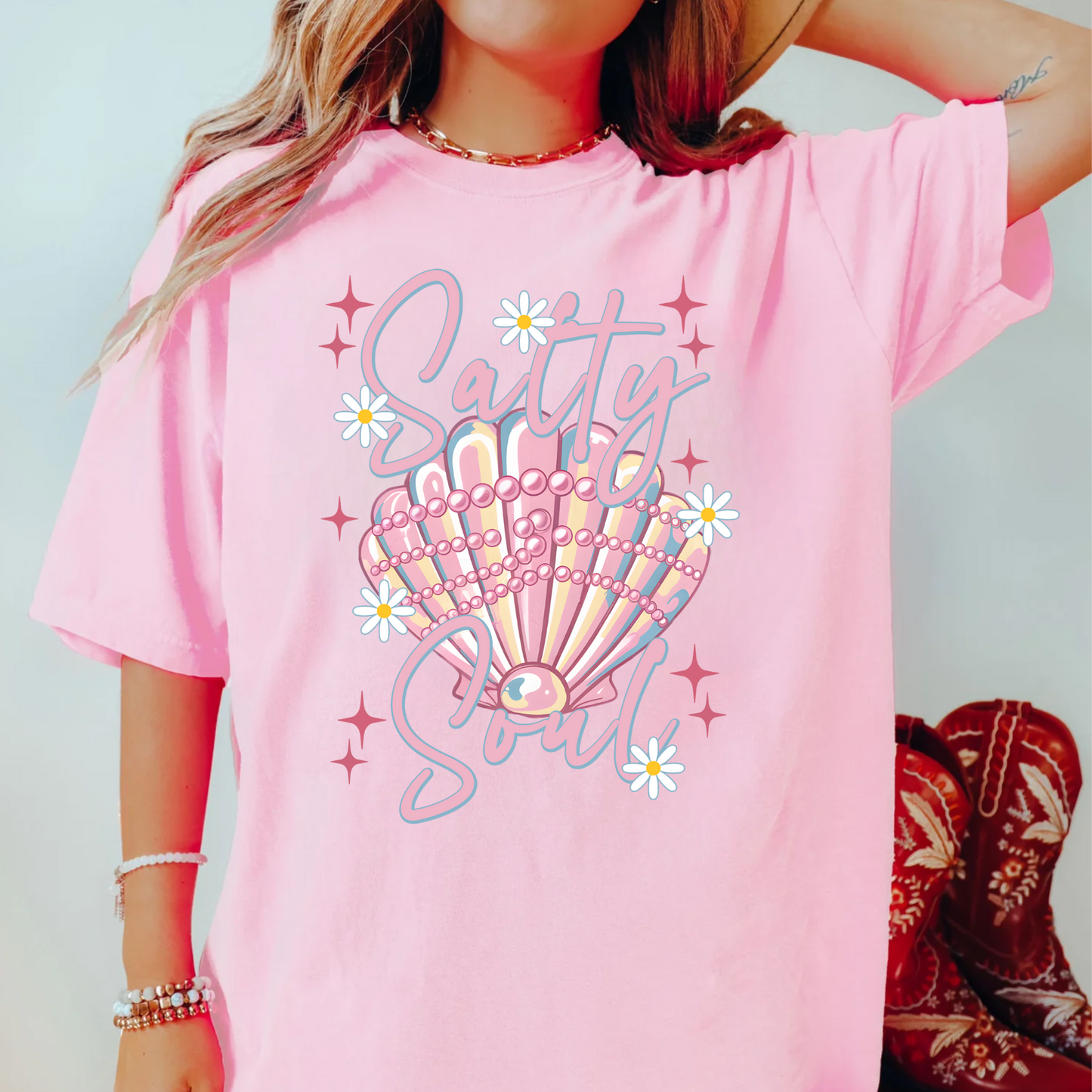Salty Soul, Beach, Summer, Seashell, Pearls, Comfort Color Shirt