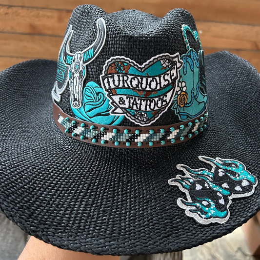 Cowboy Cowgirl Hat, Summer Hat, Sun Hat, Beach Hat with Patches