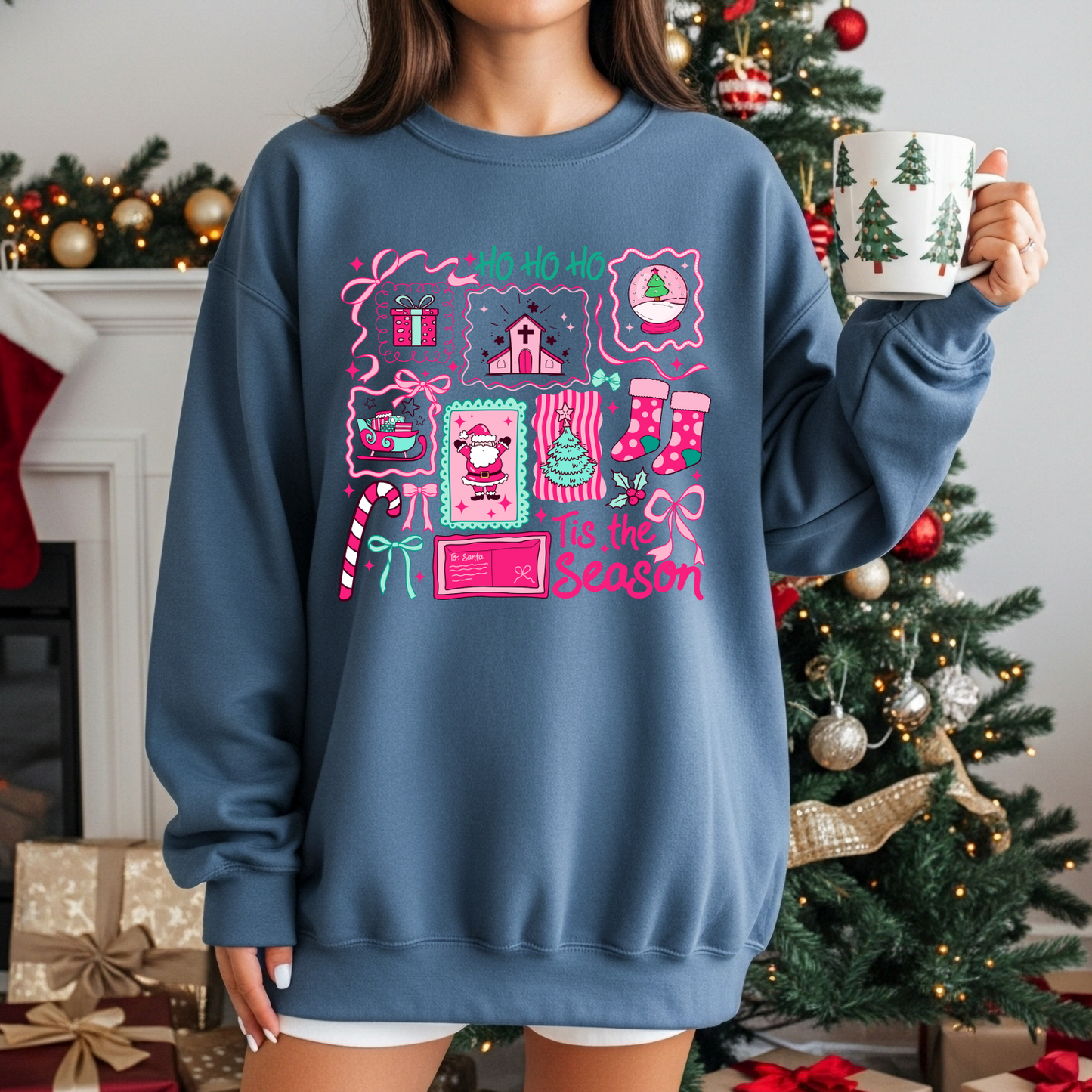 Christmas Crewneck Sweatshirt - Ho Ho Ho, Tis the Season Holiday Sweater