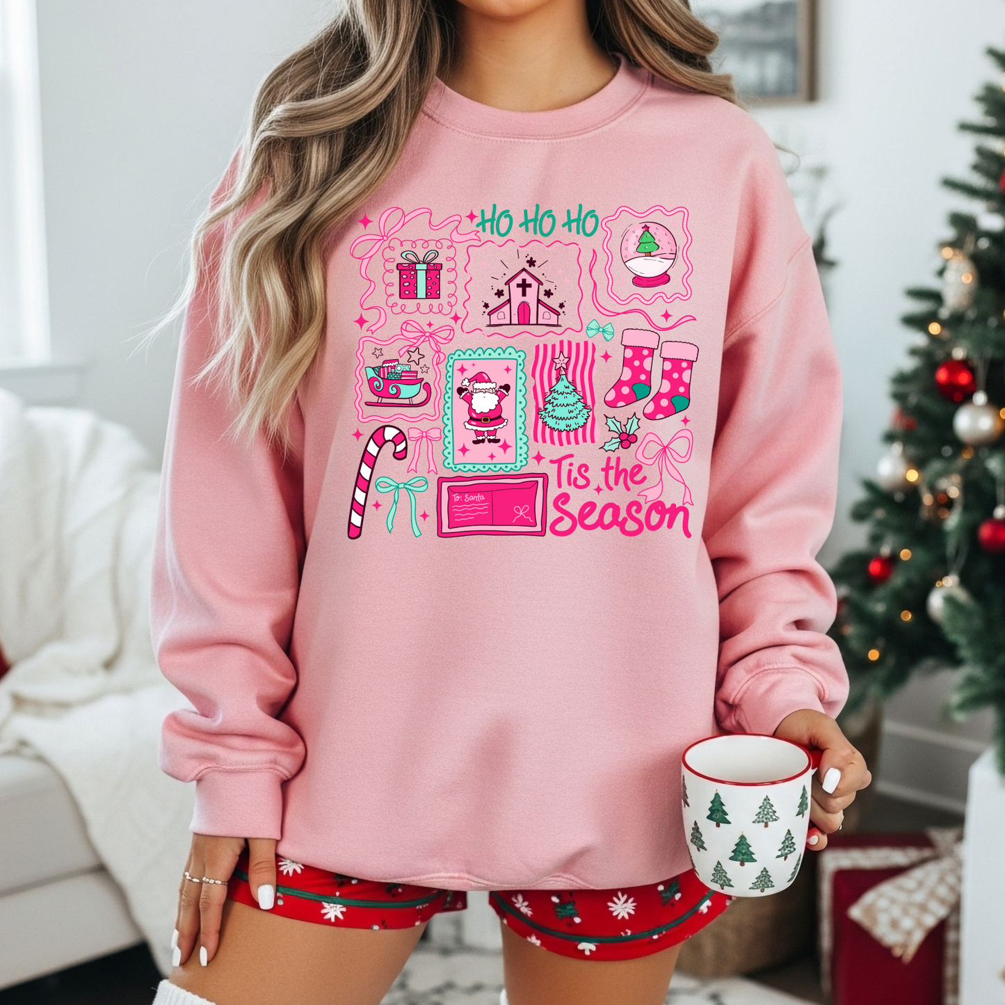 Christmas Crewneck Sweatshirt - Ho Ho Ho, Tis the Season Holiday Sweater