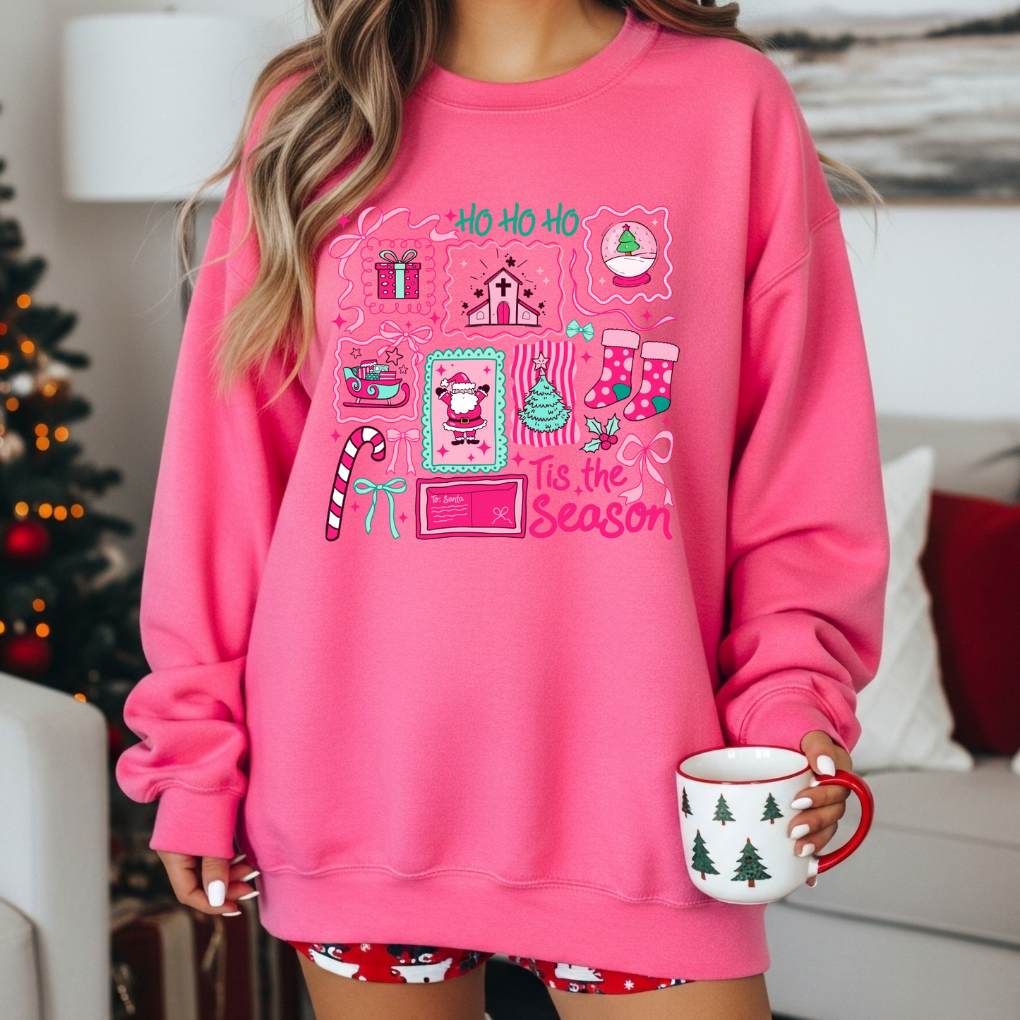 Christmas Crewneck Sweatshirt - Ho Ho Ho, Tis the Season Holiday Sweater